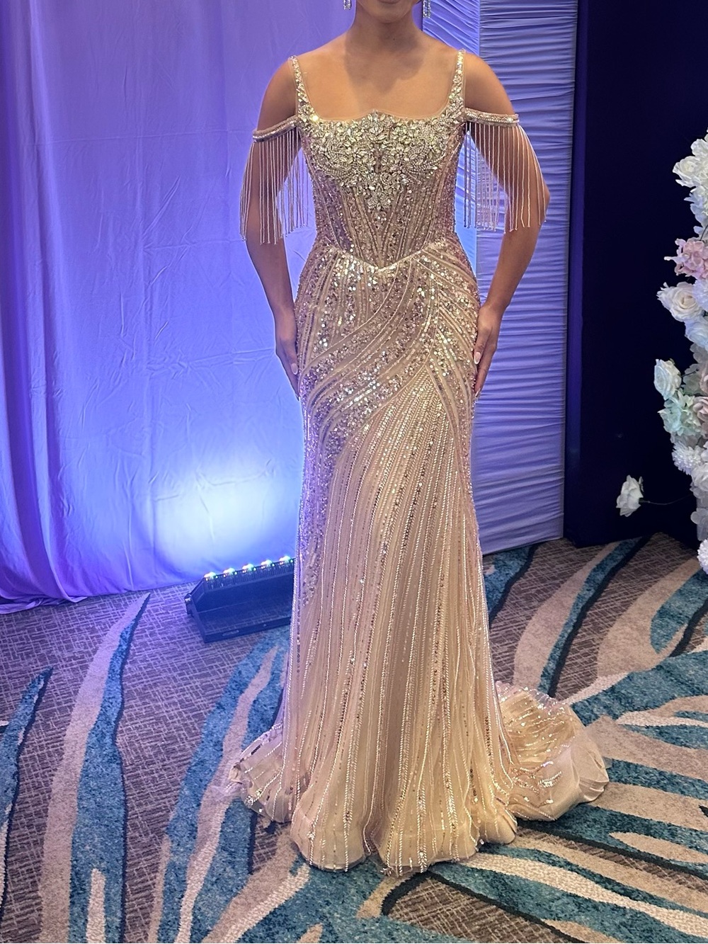 Embellished Gold Off-Shoulder Evening Gown